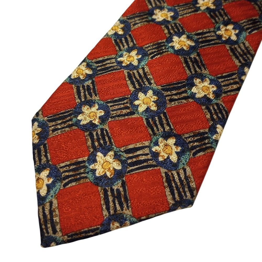 Austin Reed Mens Red Silk Tie Geometric Floral Lattice Navy Gold Pattern Necktie